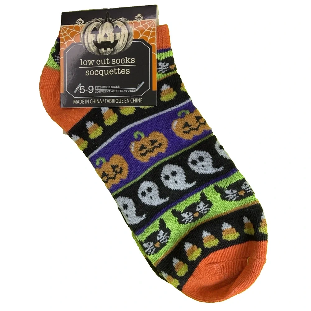 Halloween Low Cut Socks Orange Black Green Cats Candy Corn Pumpkin Ghost Sz 5-9